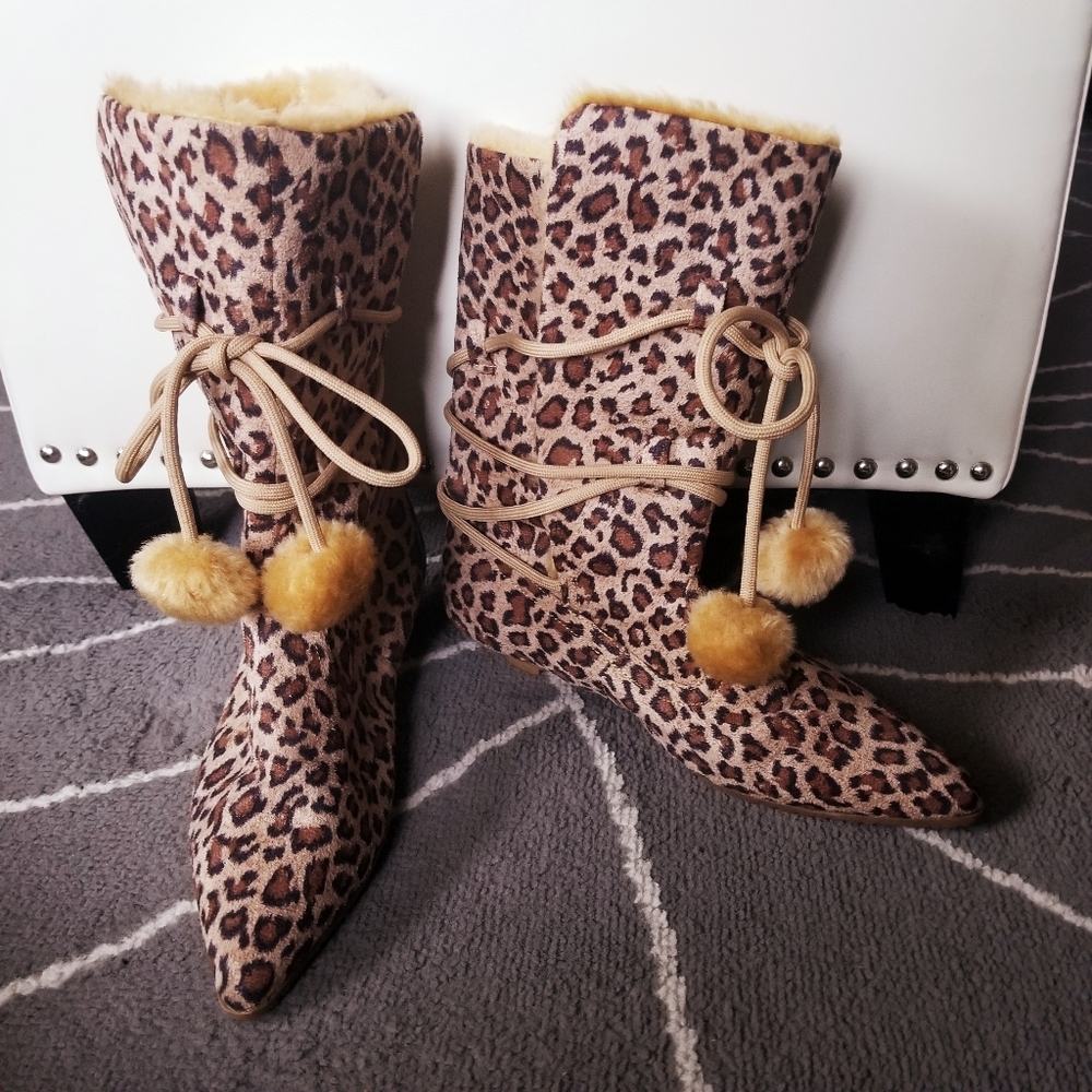 Animal Print/Leopard Print Fuzzy Kitten Heel Boots - image 2